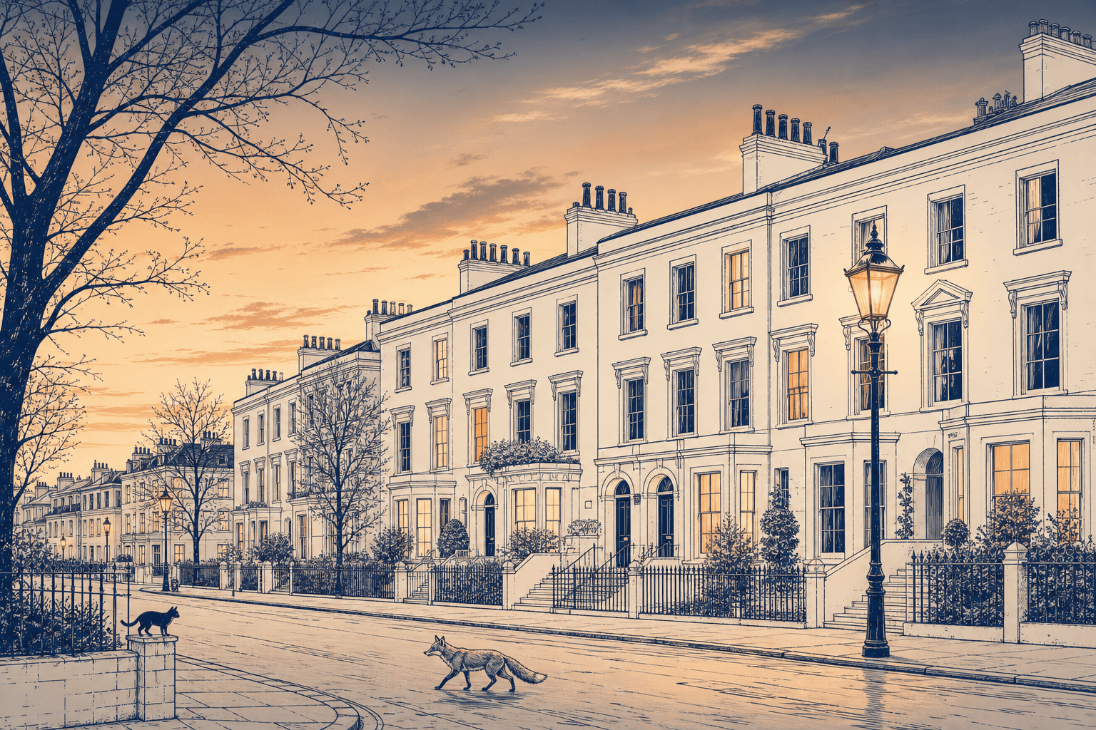Illustration of a London terraced street at dusk with a streetlamp and a fox crossing the road